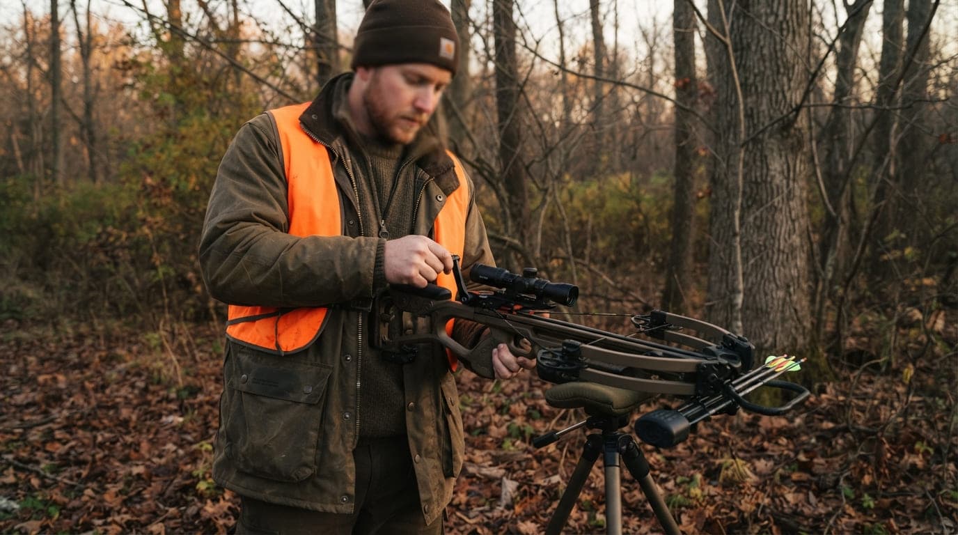 A hunter at dusk in late autumn, carefully de-cocking a crossbow at the edge of a tree line, face not the focus, crossbow