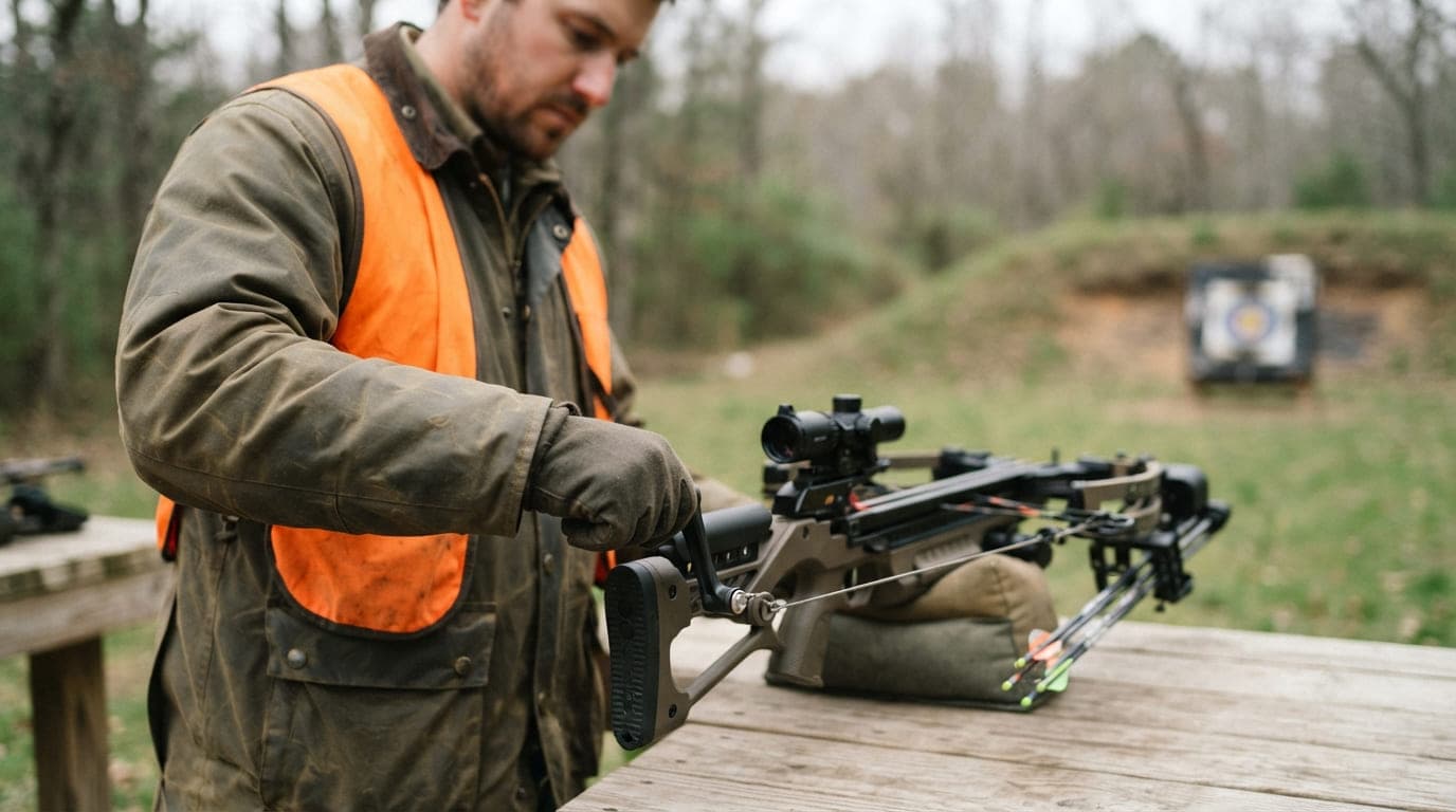 A hunter safely de-cocking a crossbow using an integrated crank de-cocking mechanism at an outdoor range, face not the