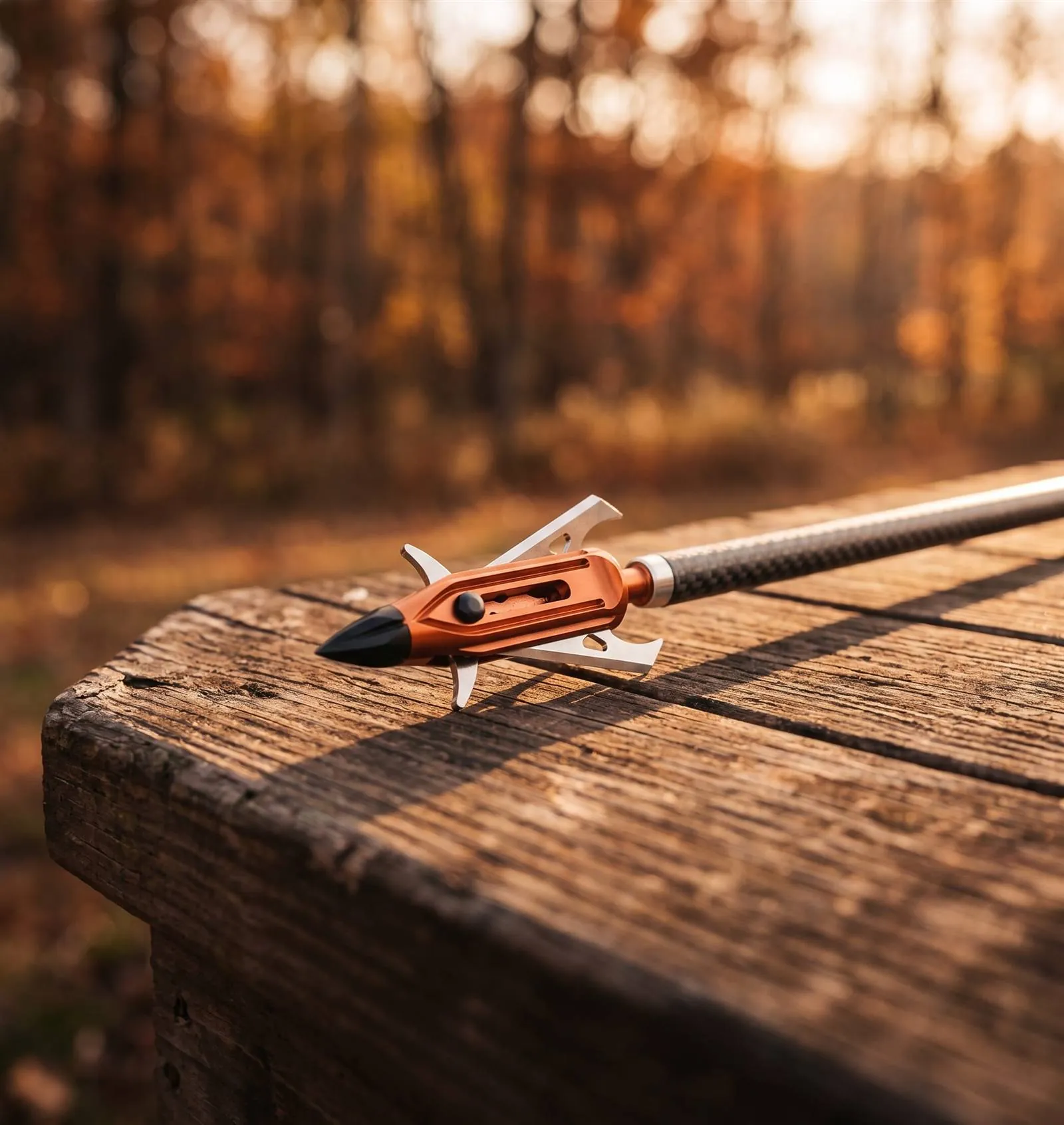 Ravin R102 broadhead resting on a wooden surface in warm evening light