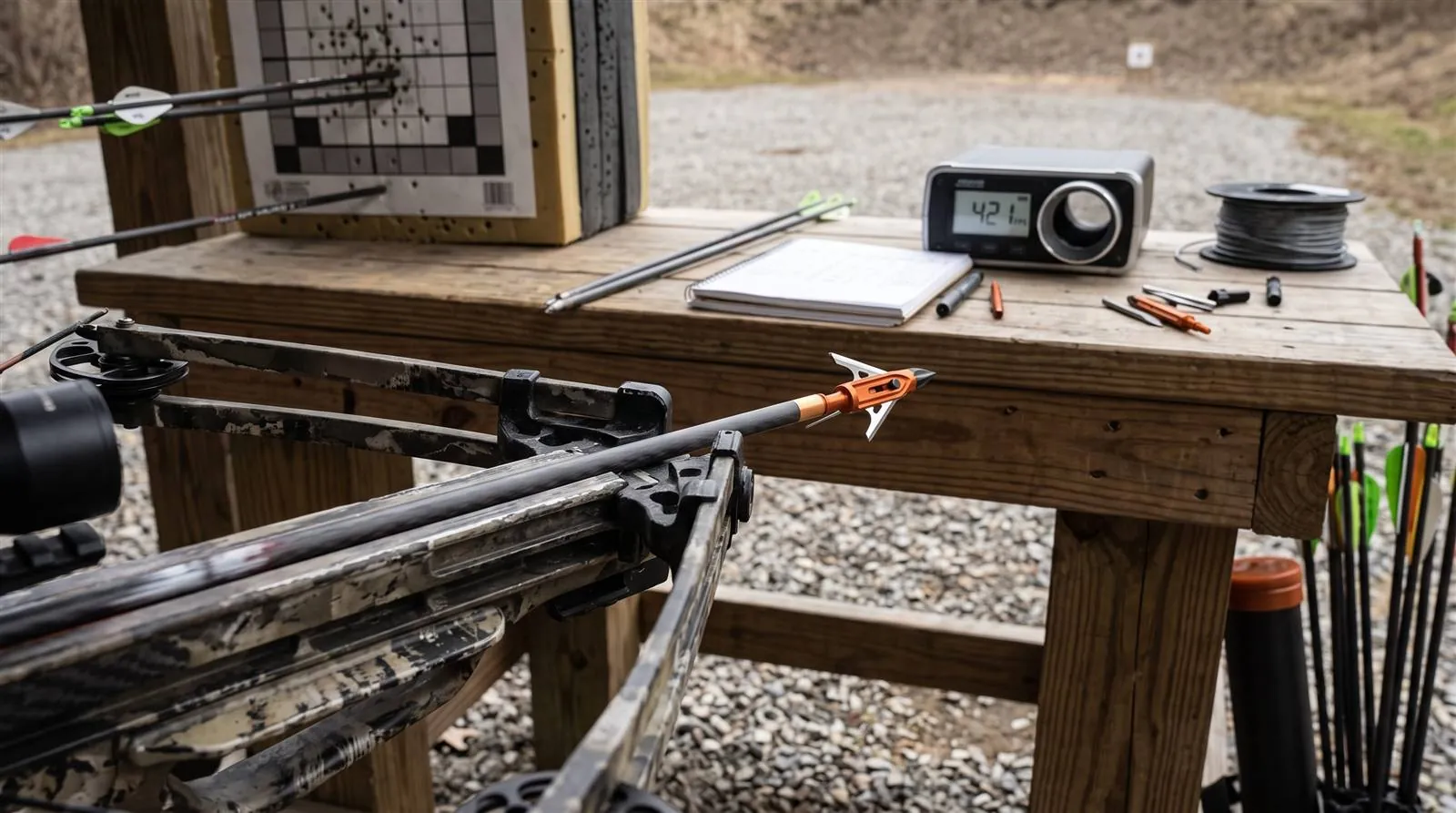 Crossbow set up at an outdoor range for a high-speed broadhead flight test against field points