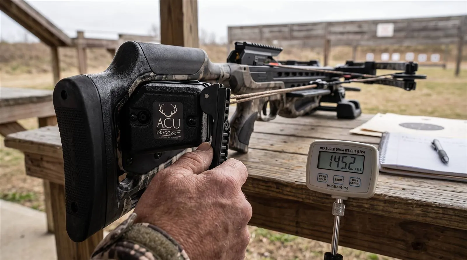 Crossbow fitted with a stock-integrated crank set up for a cocking effort comparison against a rope device
