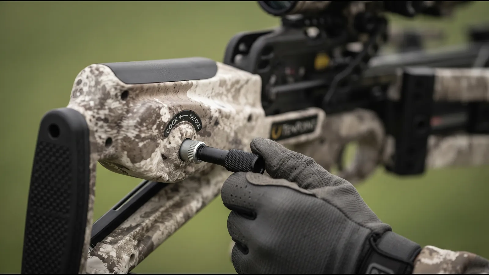 Crank handle being fitted into the cock and de-cock socket on the side of a camo crossbow stock