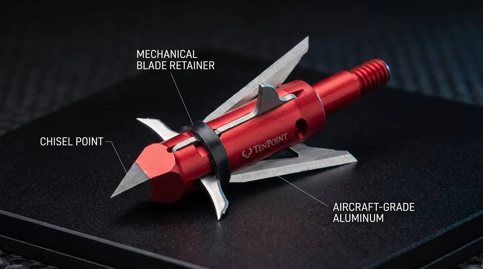 TenPoint Nemesis hybrid mechanical broadhead with folded rear blades and chisel point shown in profile