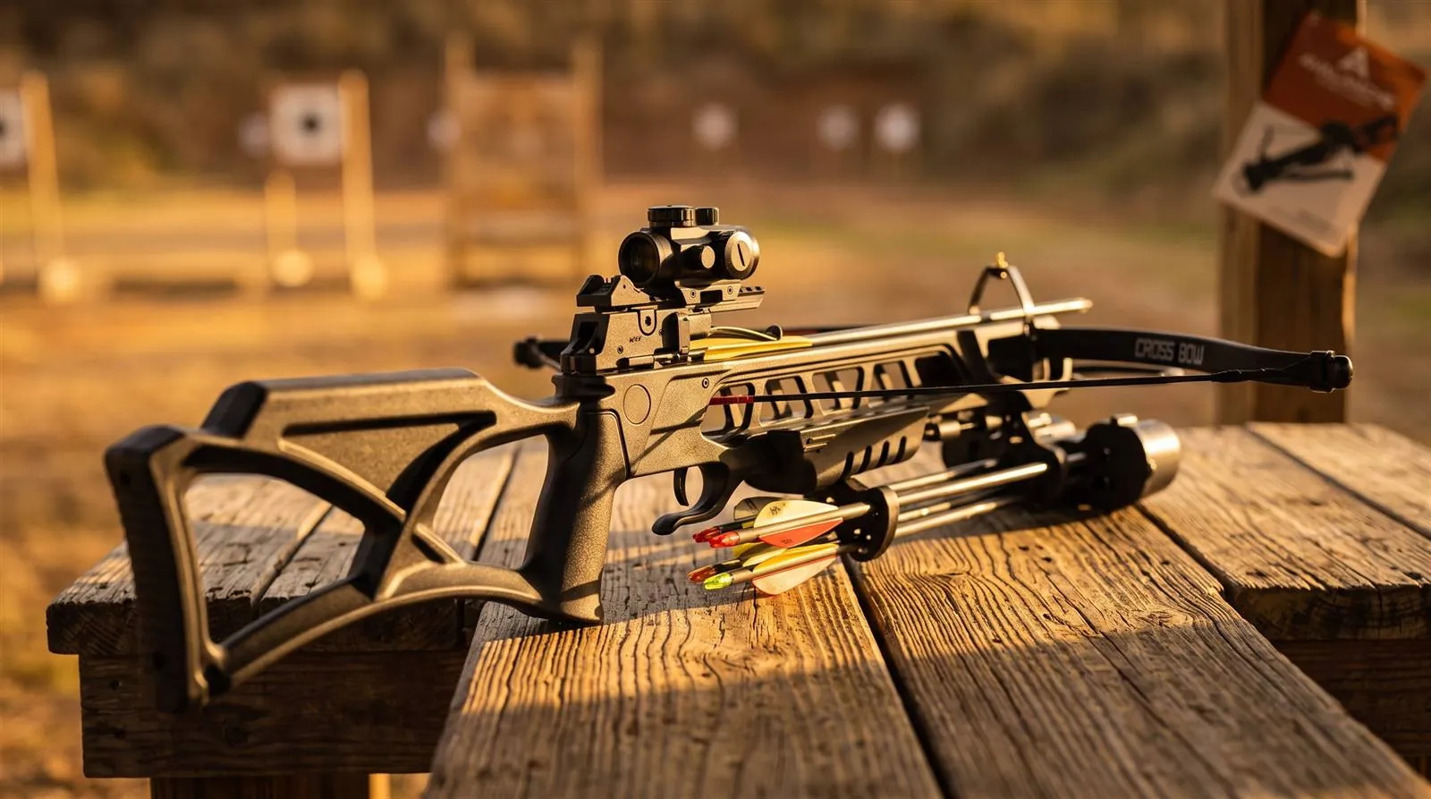 Recurve crossbow resting on a range bench ready for a beginner shooting session
