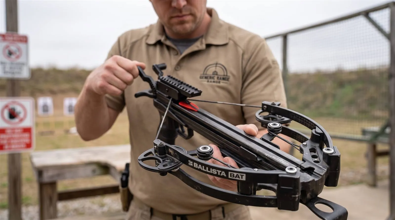 Hand drawing the cord tensioner on a compact compound pistol crossbow during a cocking test