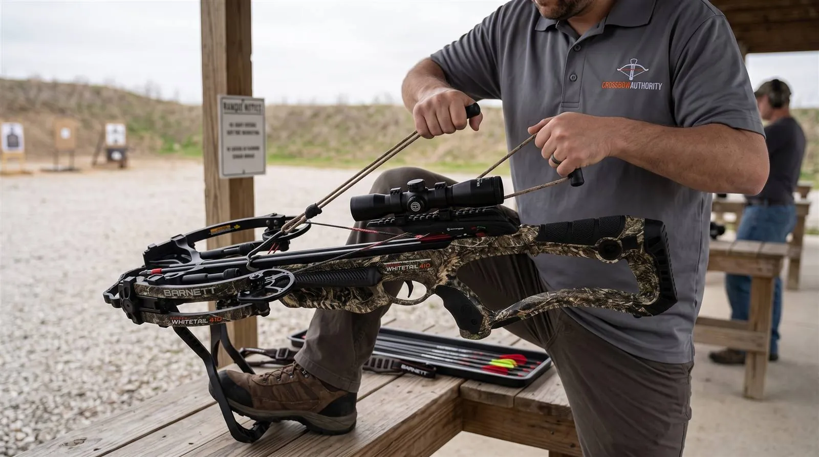 Shooter drawing the string of a compound crossbow back with a rope-cocking sled