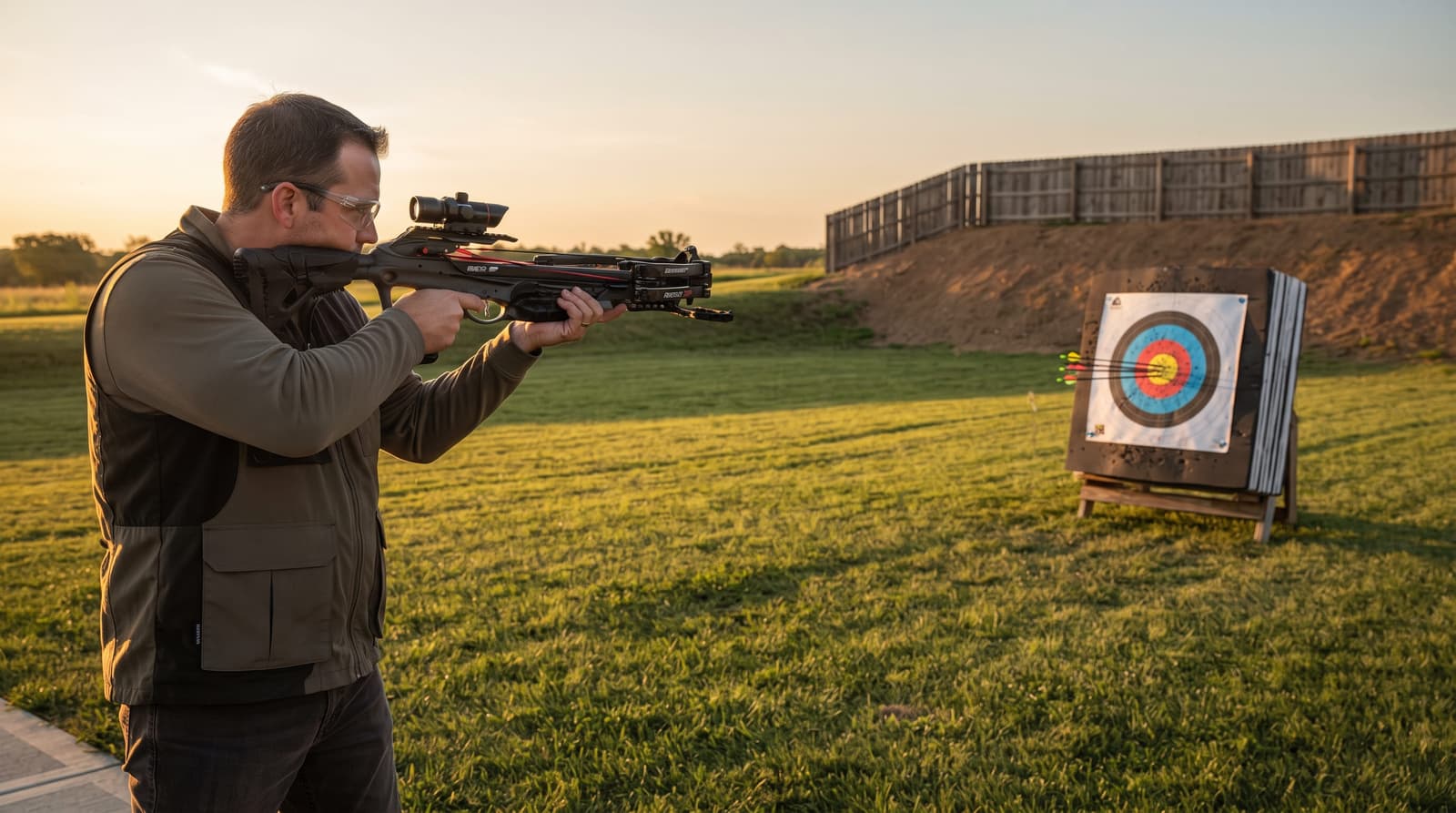 Adult shooter practicing at a foam crossbow target on an outdoor range