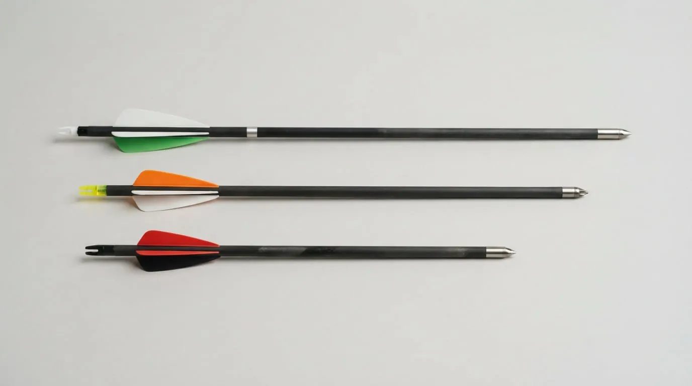 Several crossbow bolts side by side showing the shaft, vanes, nock and tip