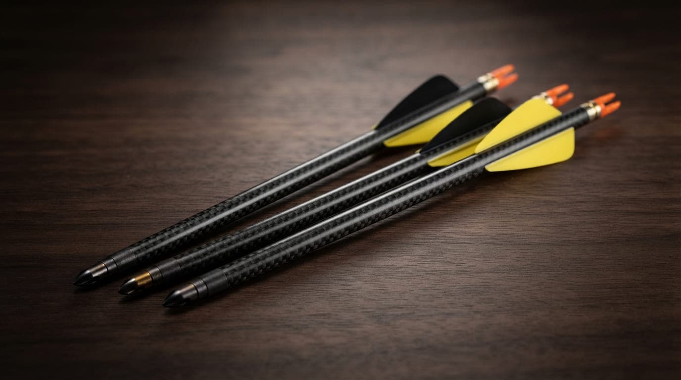 Three premium carbon crossbow bolts fanned out on a dark wooden surface with woven shafts and vanes visible