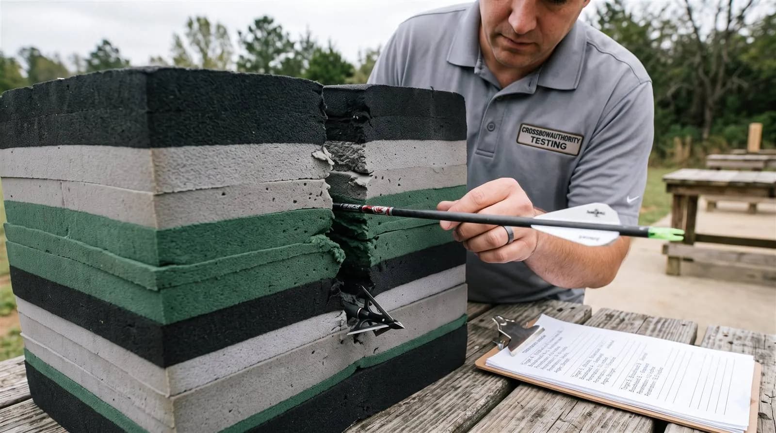 Close view of a layered foam target block showing a broadhead after impact with a testing log nearby