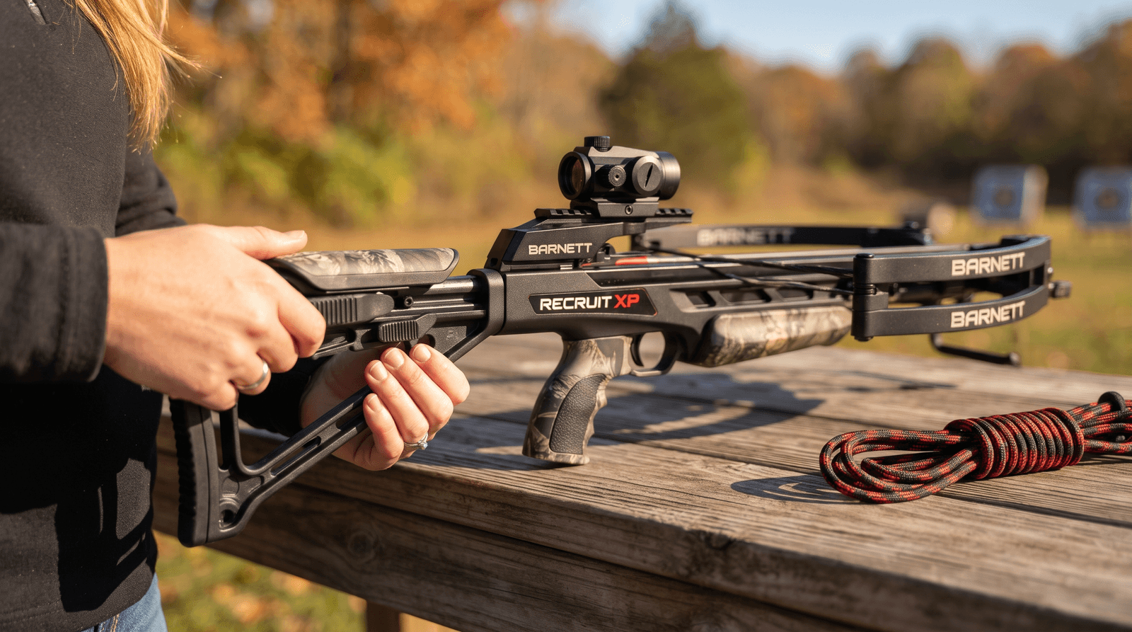 Hands adjusting the length of a crossbow buttstock on a range bench
