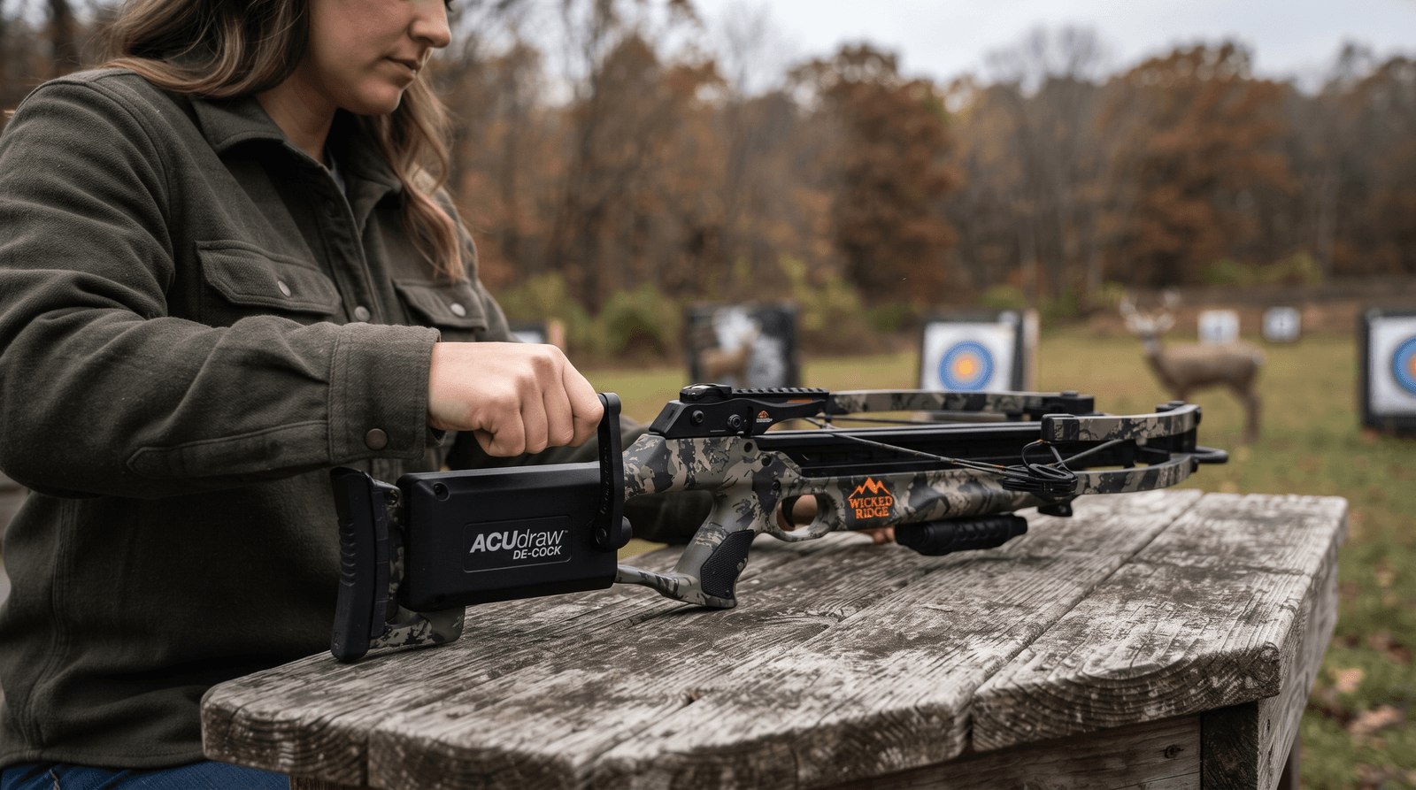 Shooter seated at a range bench turning the crank handle on a camo crossbow stock