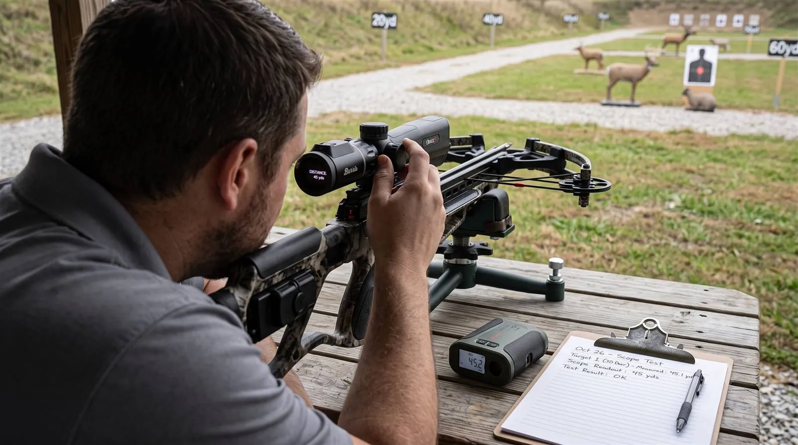 Crossbow with a rangefinding scope aimed downrange at an outdoor test range beside a handheld rangefinder and a clipboard of distances