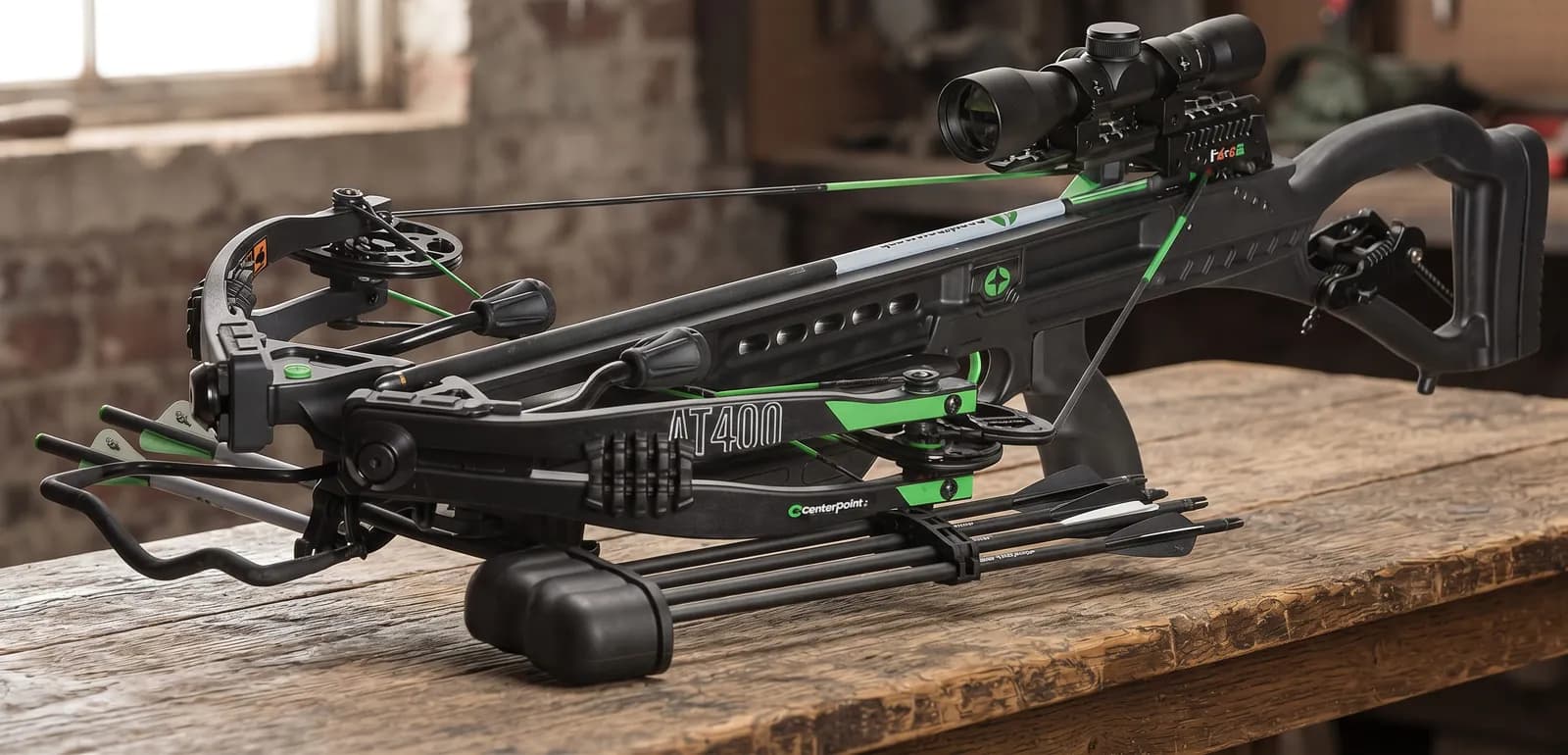 CenterPoint Wrath 430 bullpup crossbow with scope, quiver and Silent Crank on a wooden bench