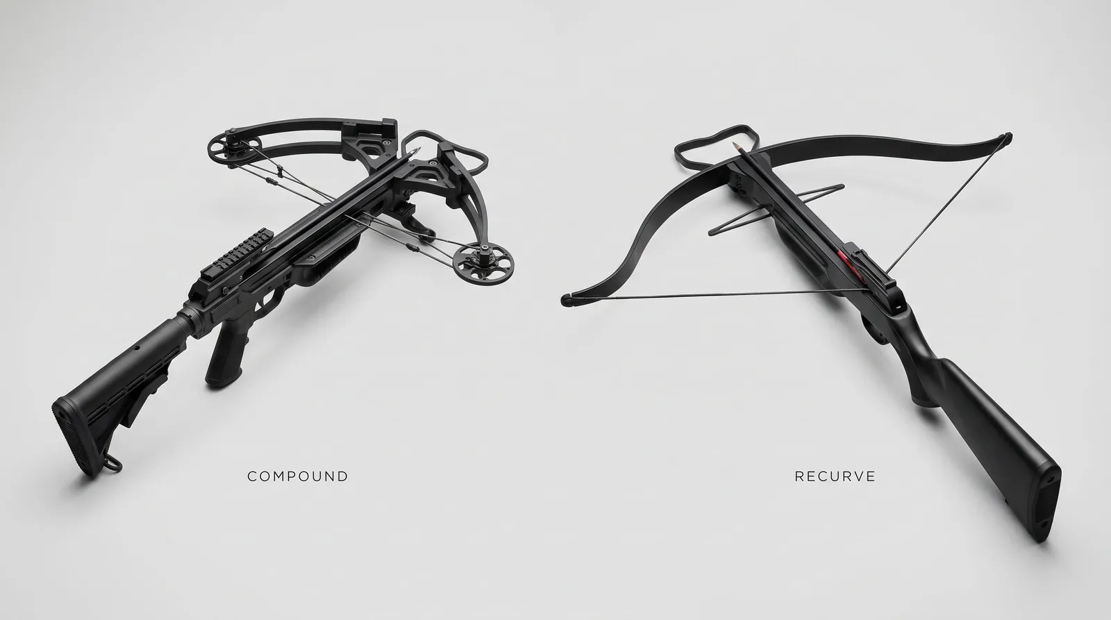 Compound crossbow with cams beside a recurve crossbow with simple curved limbs on a neutral background