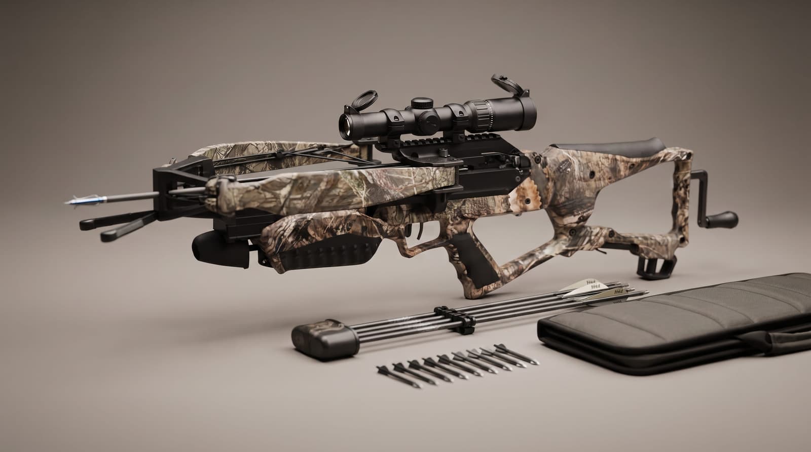 A premium hunting crossbow with a mounted illuminated scope and an integrated crank handle at the rear of the stock