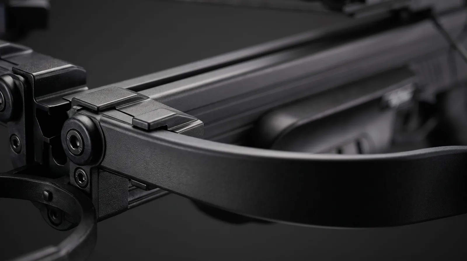 Detail of the Gen2 Synthetic mainframe and recurve limb mounting on the Excalibur Mag Air