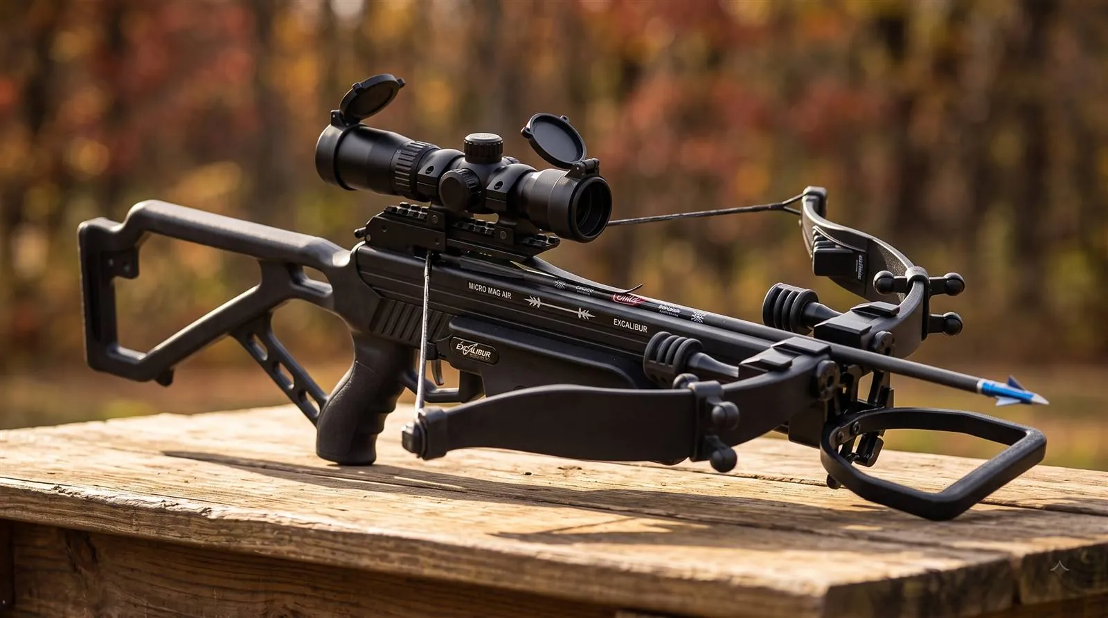 Excalibur Mag Air recurve crossbow with black synthetic finish and fixed-power scope on a sunlit outdoor bench