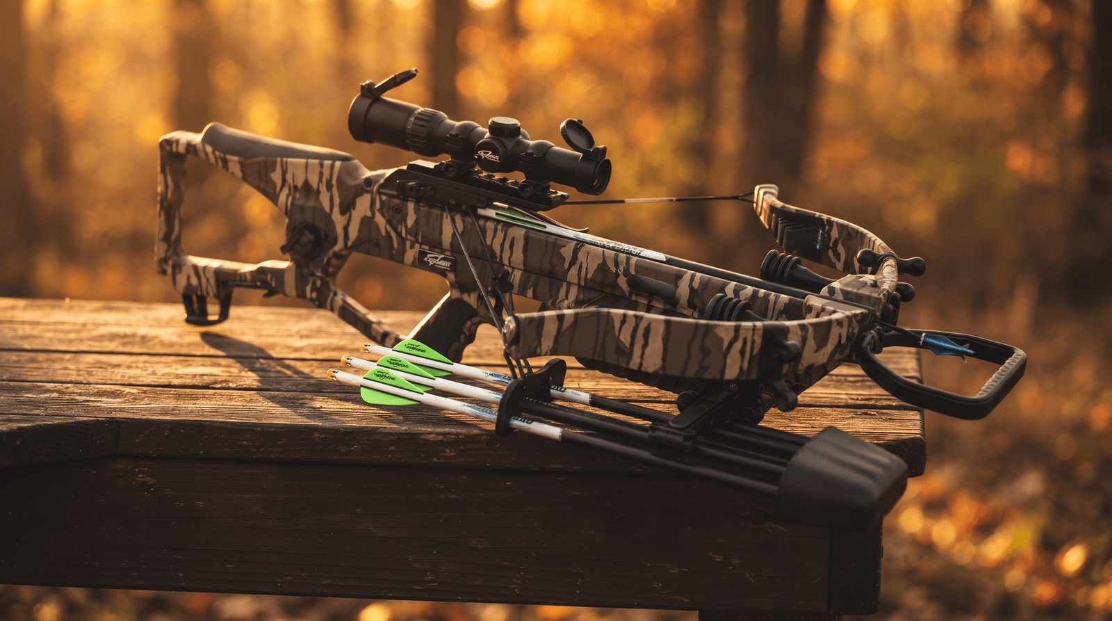 Excalibur REV X recurve crossbow with scope and quiver resting on a wooden bench in warm evening light