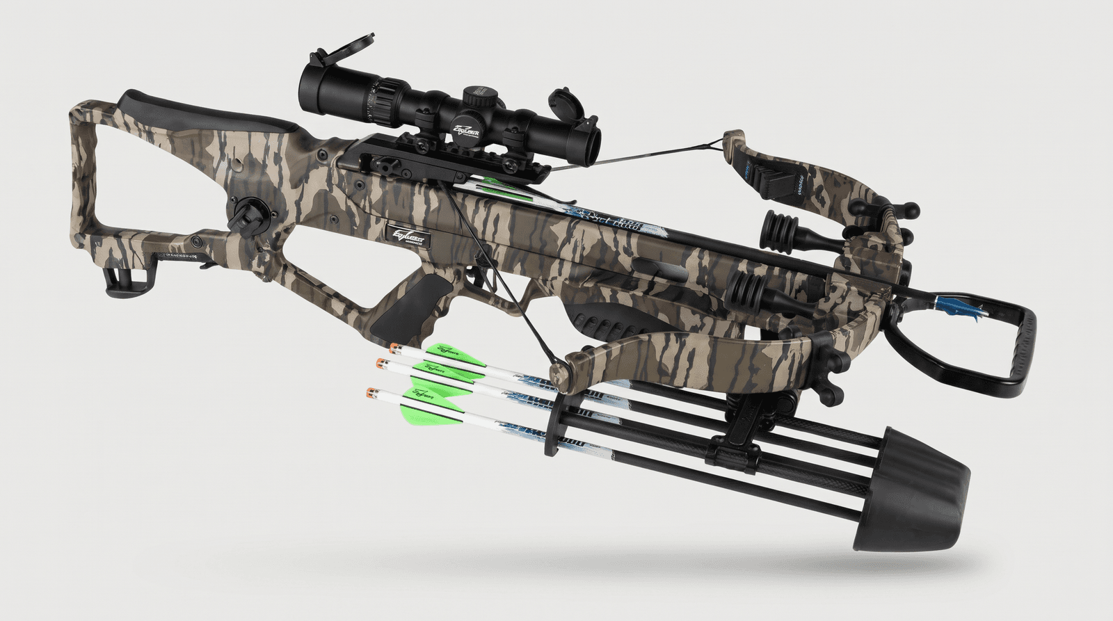 Excalibur REV X recurve crossbow with integrated crank, illuminated scope and quiver on an outdoor bench