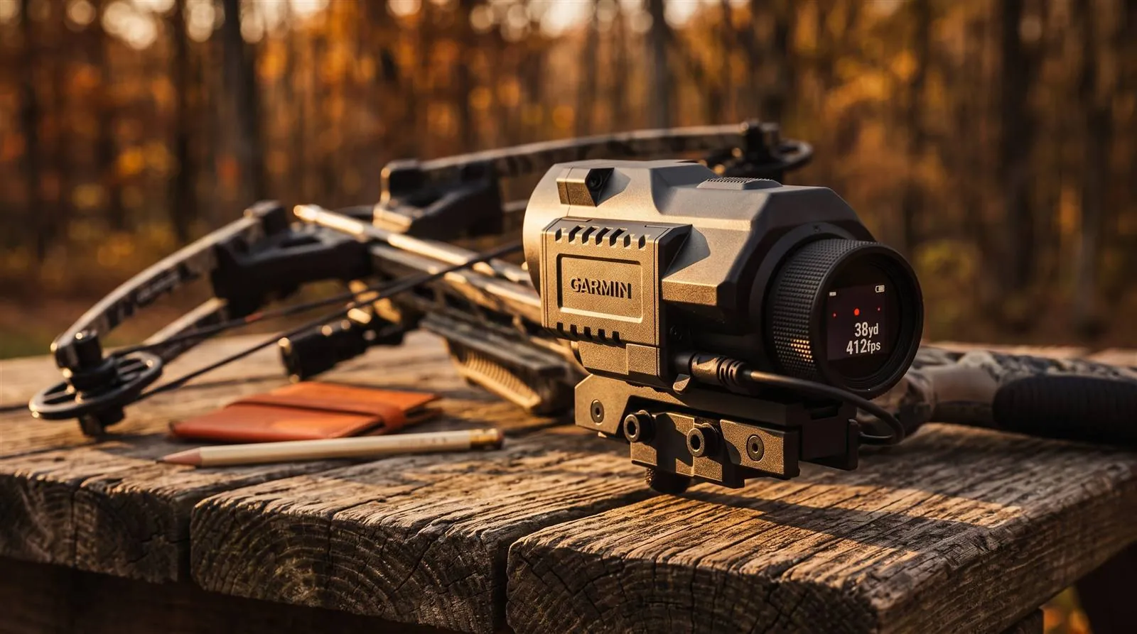 Crossbow with a Garmin Xero X1i mounted, resting ready in warm low light outdoors