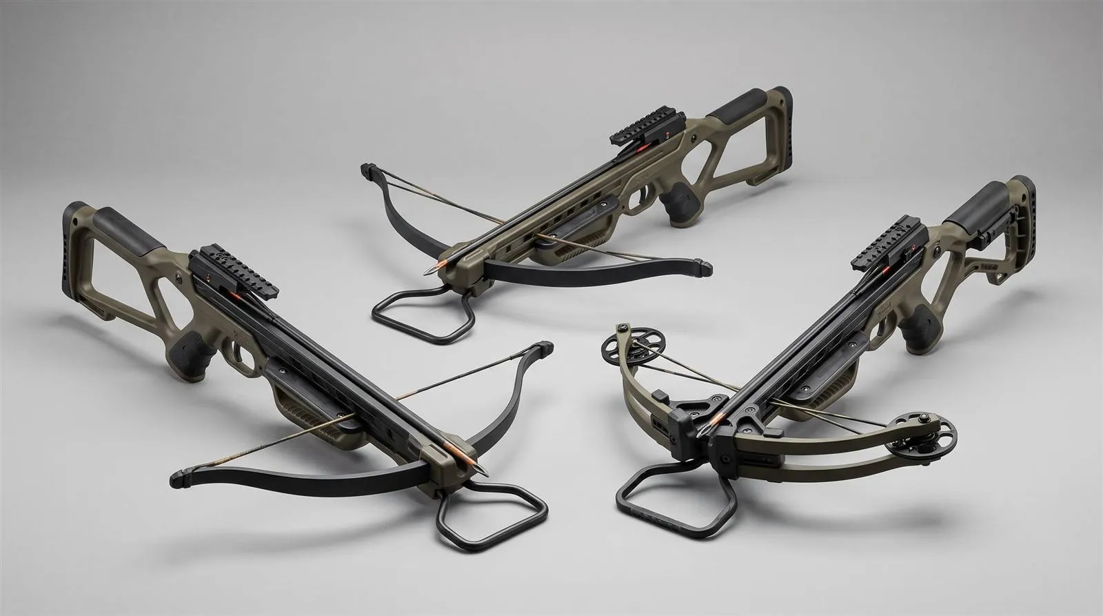 Three compact entry-level crossbows arranged side by side on a plain studio background