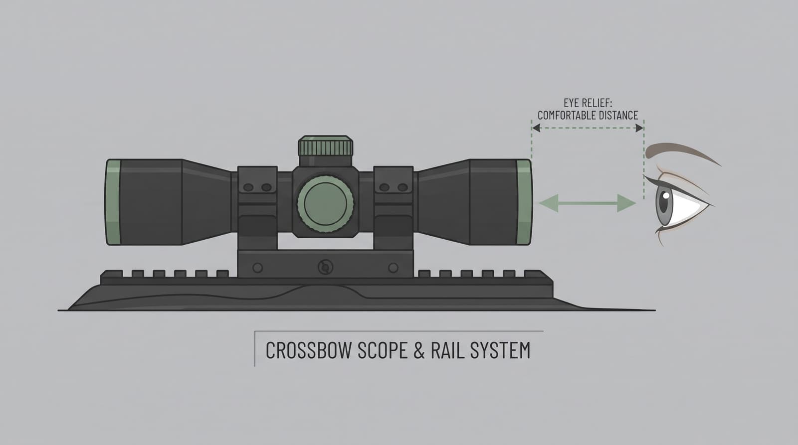 Side-view diagram of the eye relief distance between a shooter's eye and a crossbow scope's rear lens