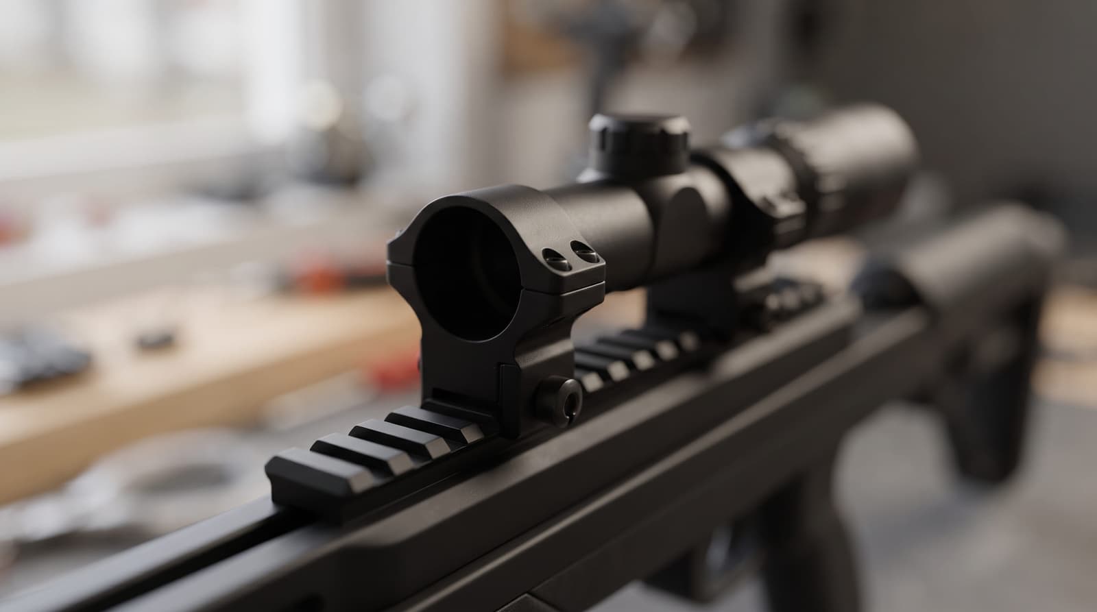 Close-up of scope rings securely mounted on a crossbow rail