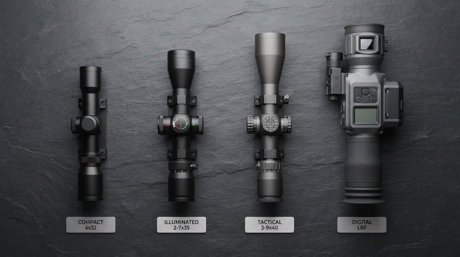 Four crossbow scopes of different sizes arranged side by side on a dark slate surface