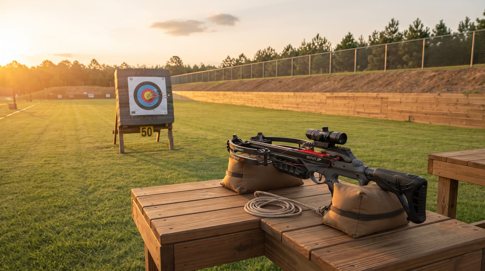 Crossbow resting on a shooting bench at an outdoor range with a foam target downrange