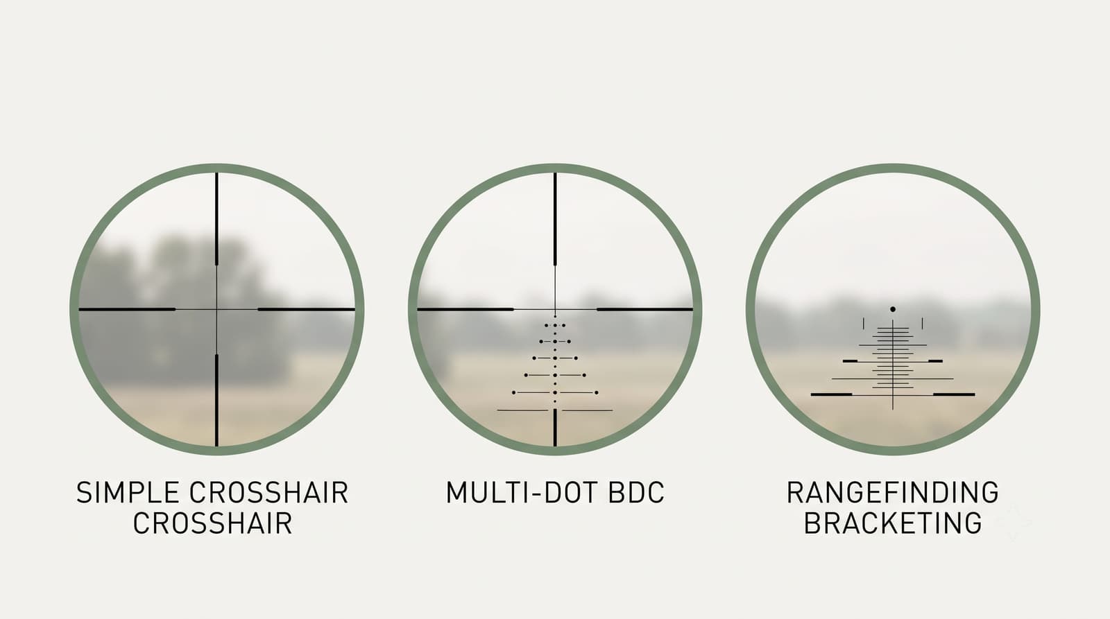 Comparison of a simple crosshair, a multi-dot reticle and a rangefinding reticle