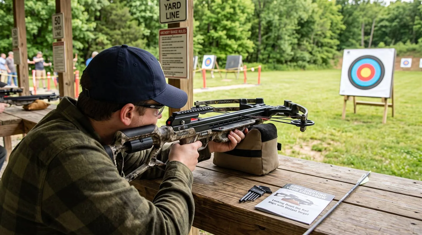 Shooter looking down the rail of an uncocked crossbow toward a distant target to bore-sight the scope