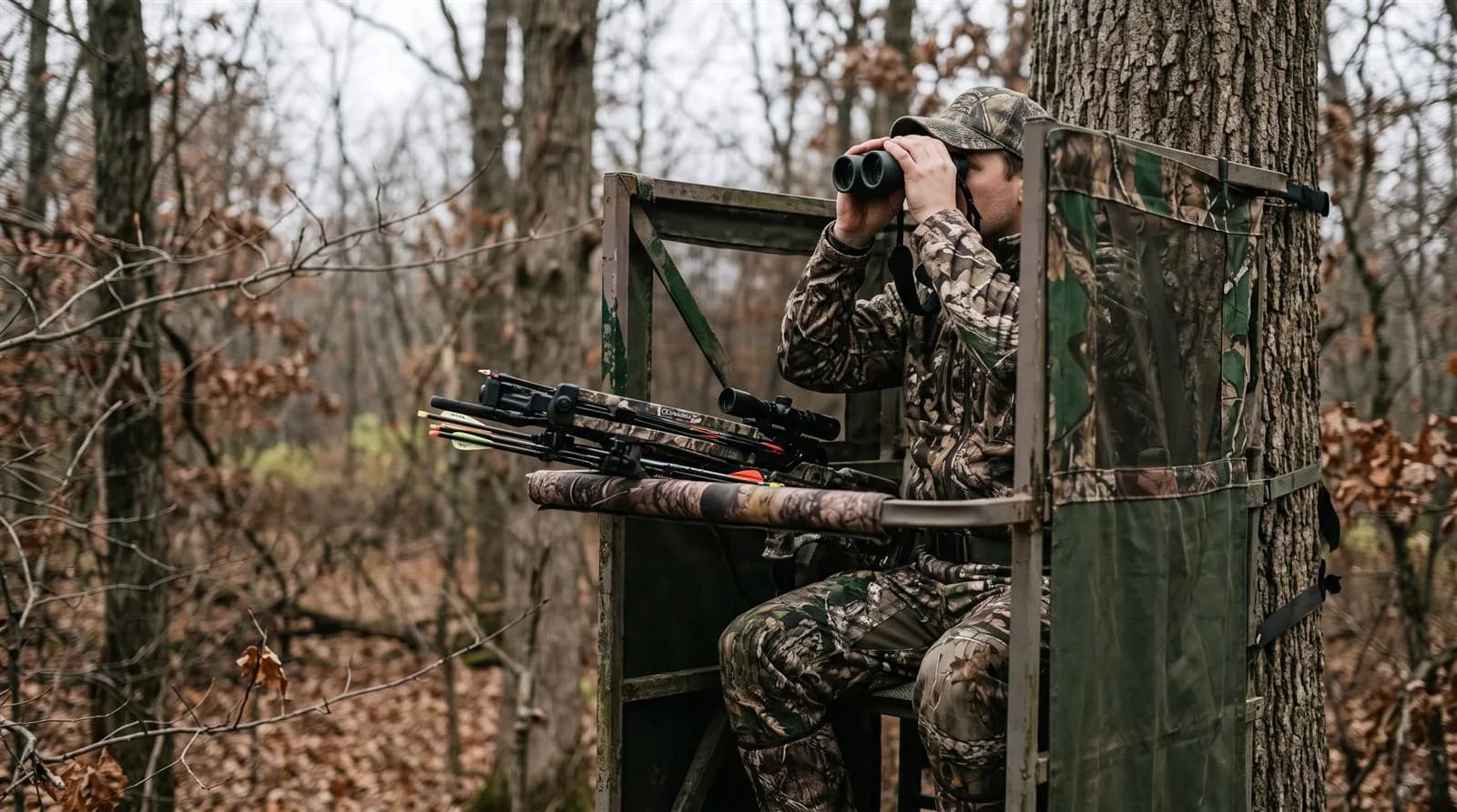 Hunter in a blind observing the area through binoculars with a crossbow resting nearby