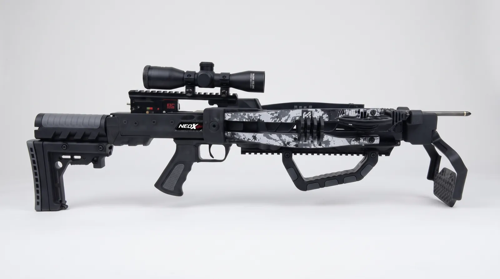Side profile of the Killer Instinct NEO-X reverse-limb crossbow with its scope