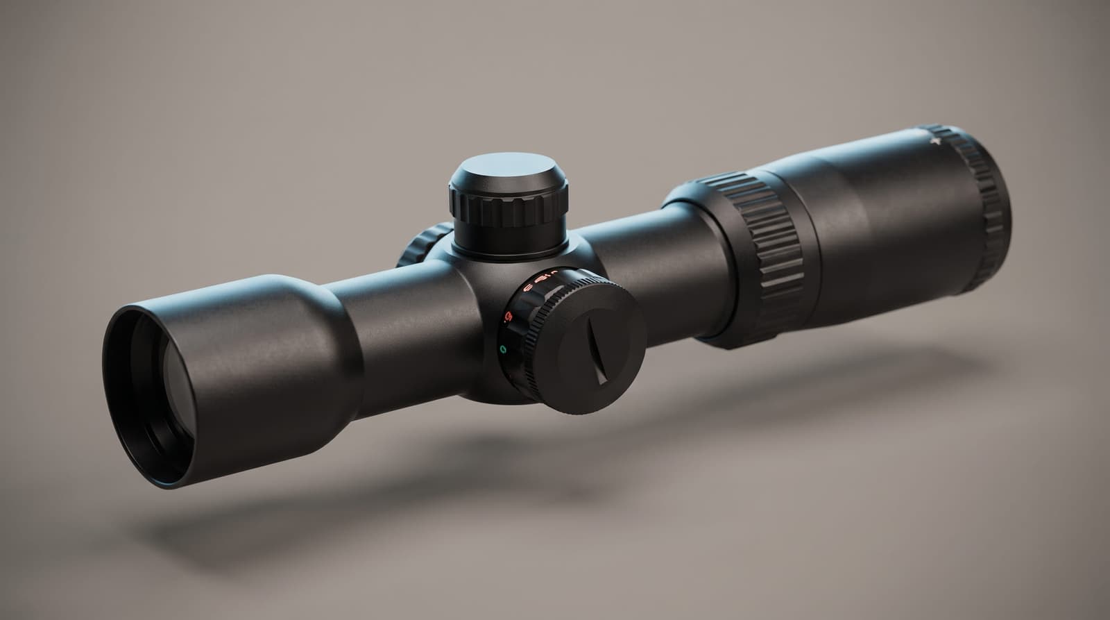 A compact black crossbow scope with an illuminated reticle, shown from a three-quarter angle on a seamless warm-gray studio