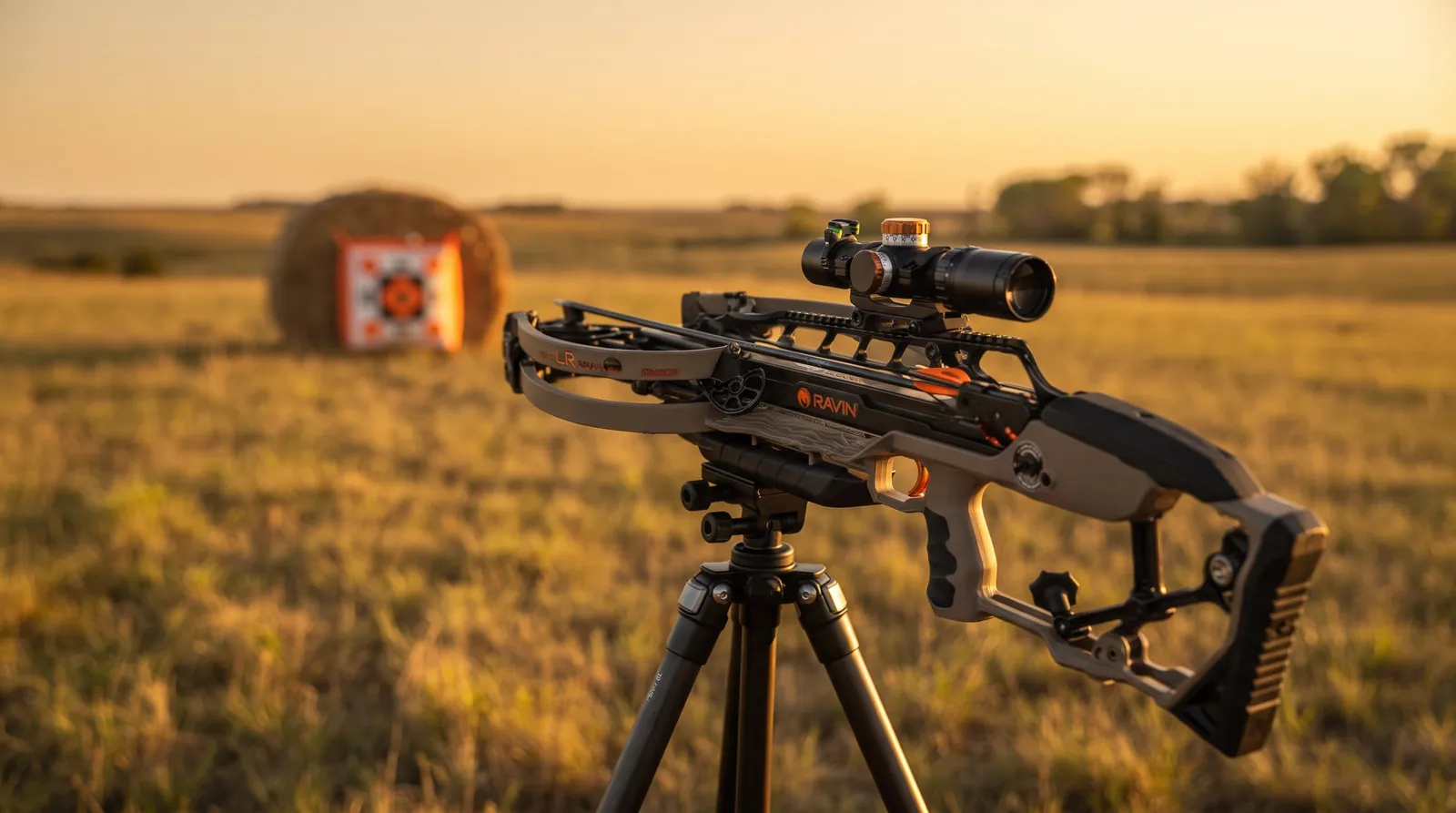 Ravin LR crossbow mounted on a shooting tripod in an open field at golden hour