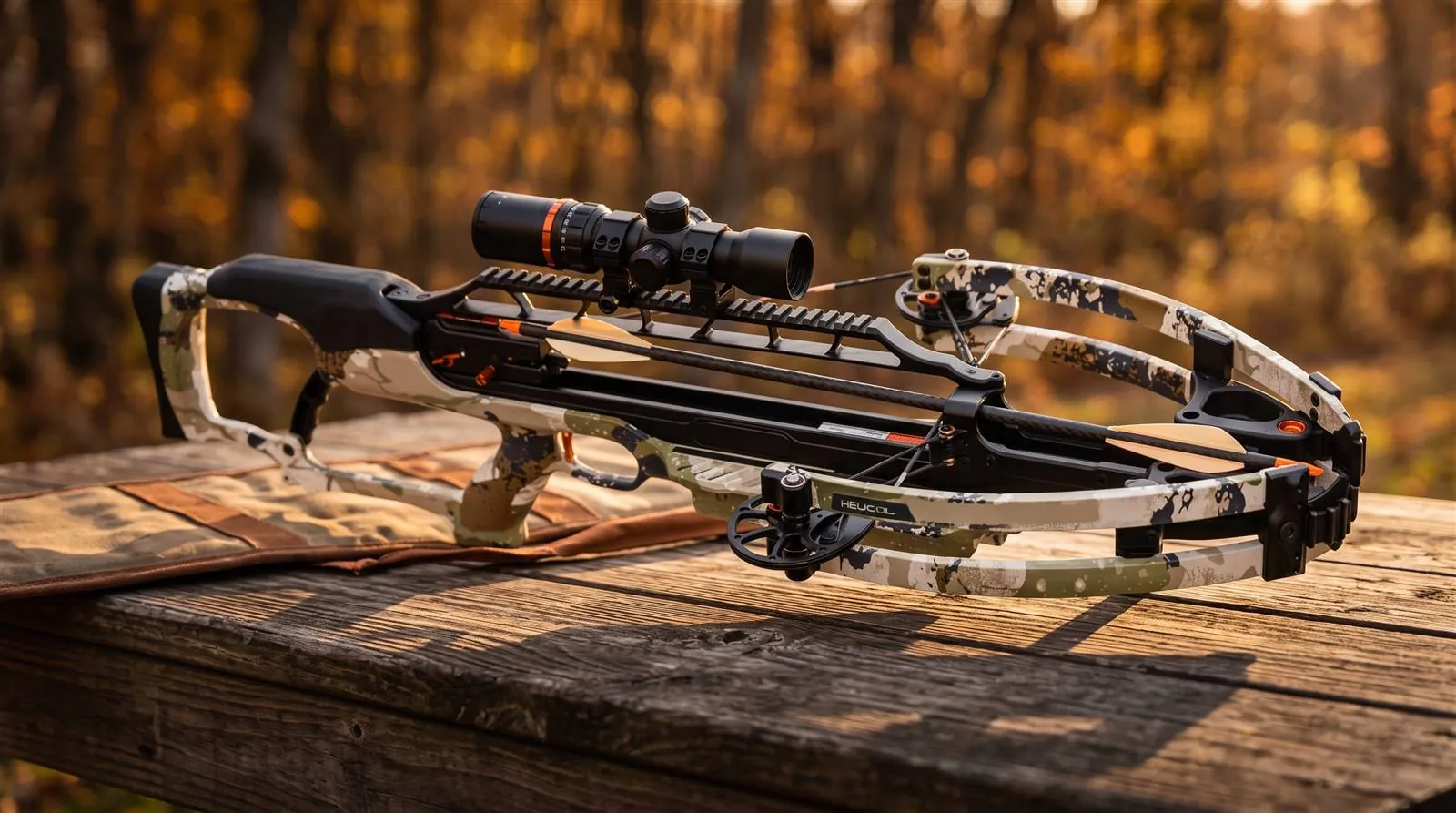 Ravin R10 Pro XK7 resting cocked on a wooden shooting bench in warm evening light