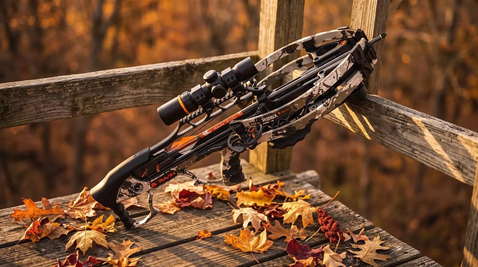 Compact crossbow resting against a treestand railing among autumn leaves in low sun
