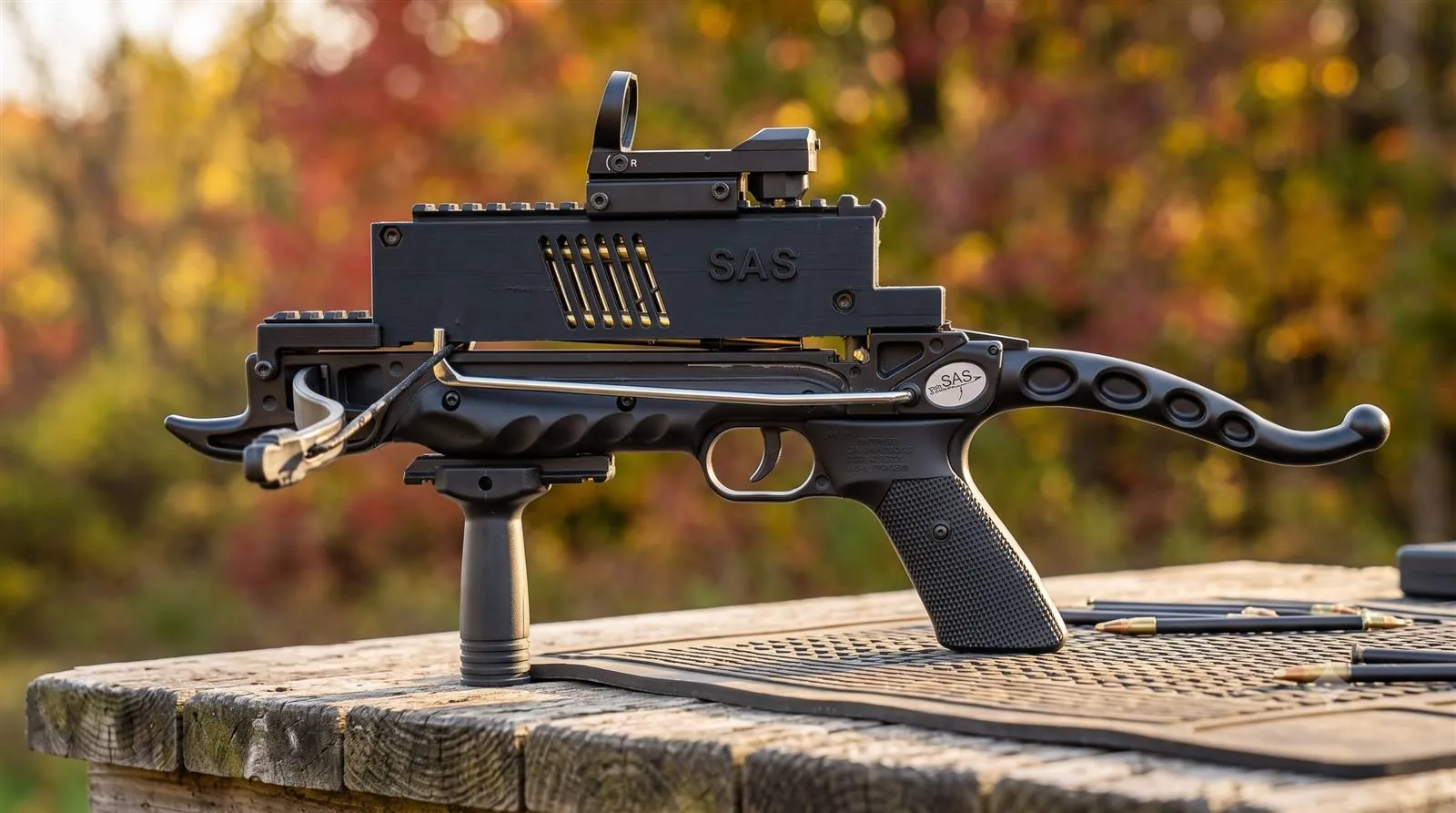 SAS Prophecy 80 pistol crossbow with magazine and Picatinny rail shown from the side