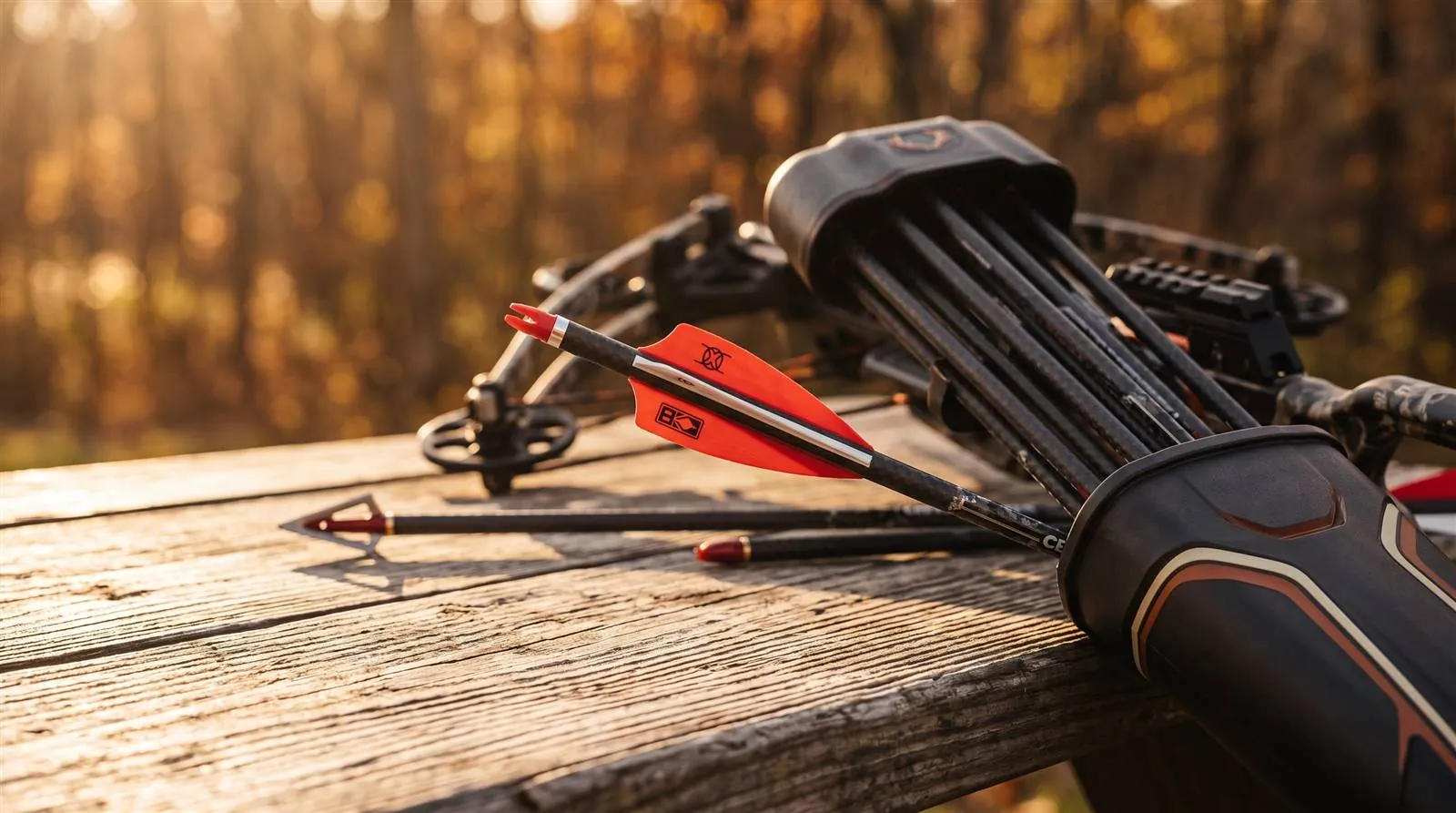 Carbon crossbow bolts displayed in a field setting at golden hour with warm low light