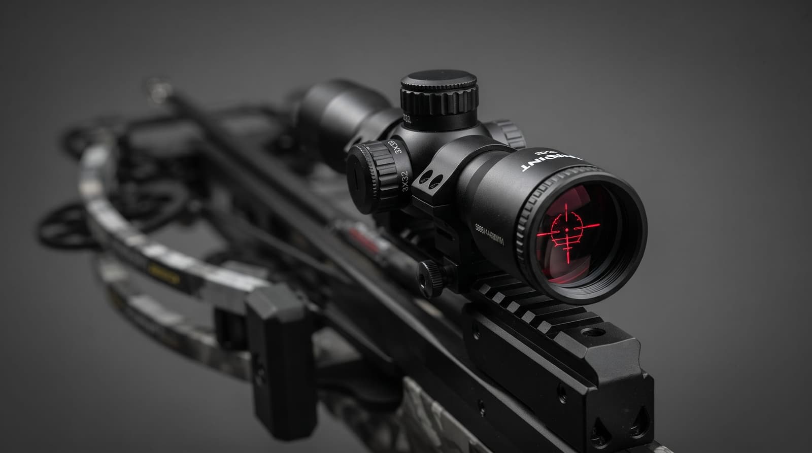 High-end commercial macro product photograph, close-up of a crossbow's lighted multi-reticle scope, illuminated red reticle