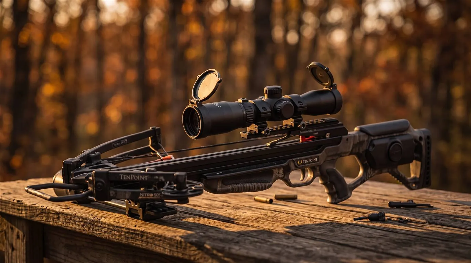 Crossbow with the RangeMaster 100 mounted and ready in warm low light outdoors