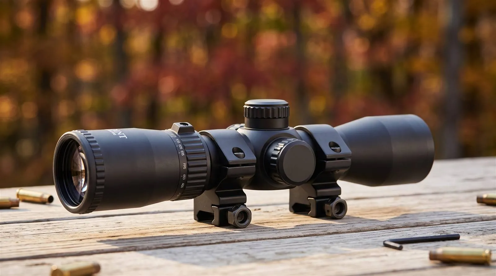 TenPoint RangeMaster 100 illuminated crossbow scope shown from the side with its rings fitted