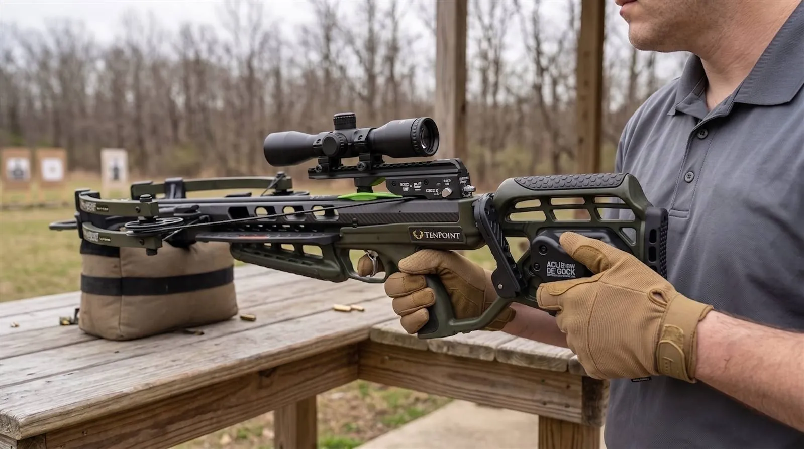Titan X De-Cock crossbow with its integrated crank system, shown in use during a cocking cycle