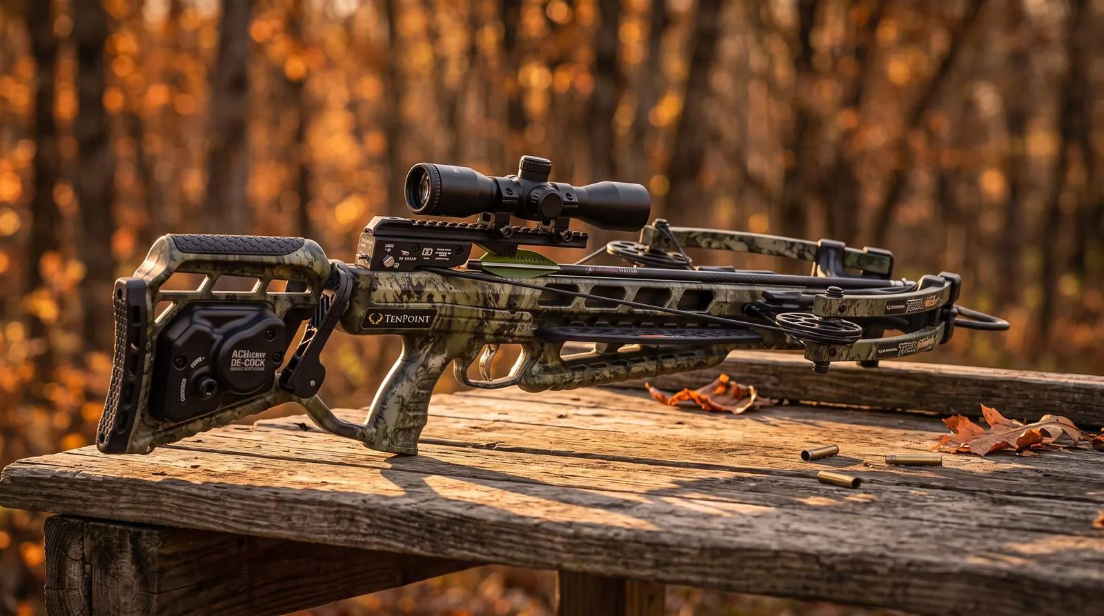 Titan X De-Cock crossbow ready to hunt on a wooden bench in warm low sunlight