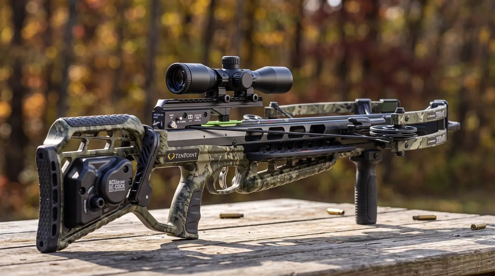 TenPoint Titan X De-Cock compound crossbow with its Pro-View 400 scope shown in profile as a complete package