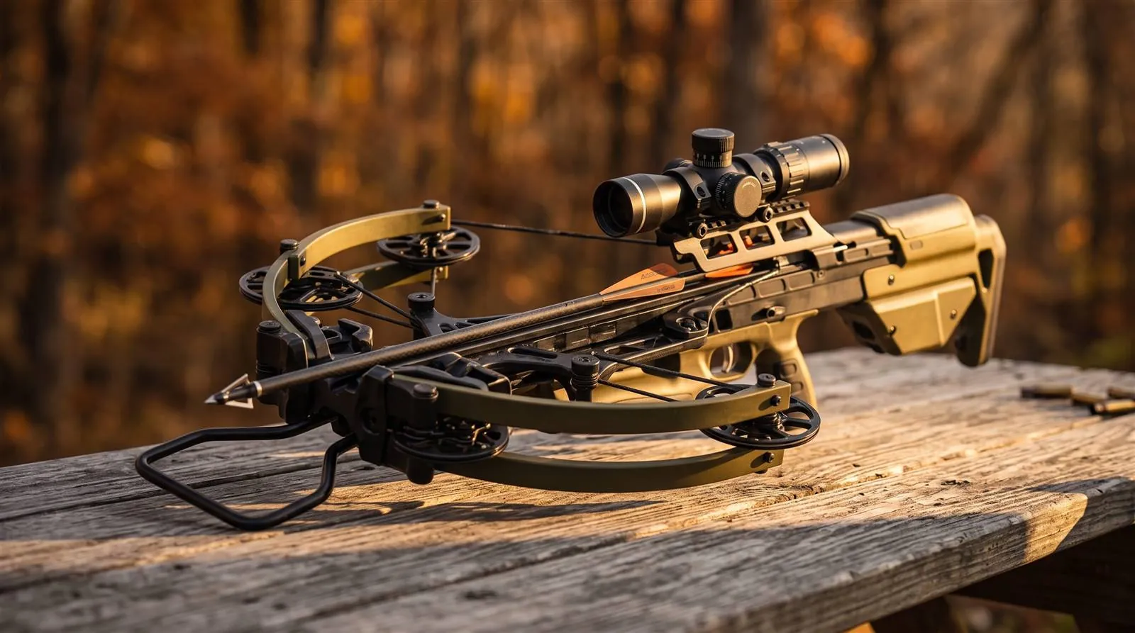 Reverse-draw crossbow resting in a field at golden hour with warm low light