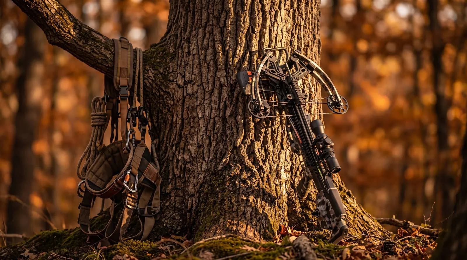 Compact crossbow leaning on an oak trunk at golden hour beside a hanging saddle-hunting harness