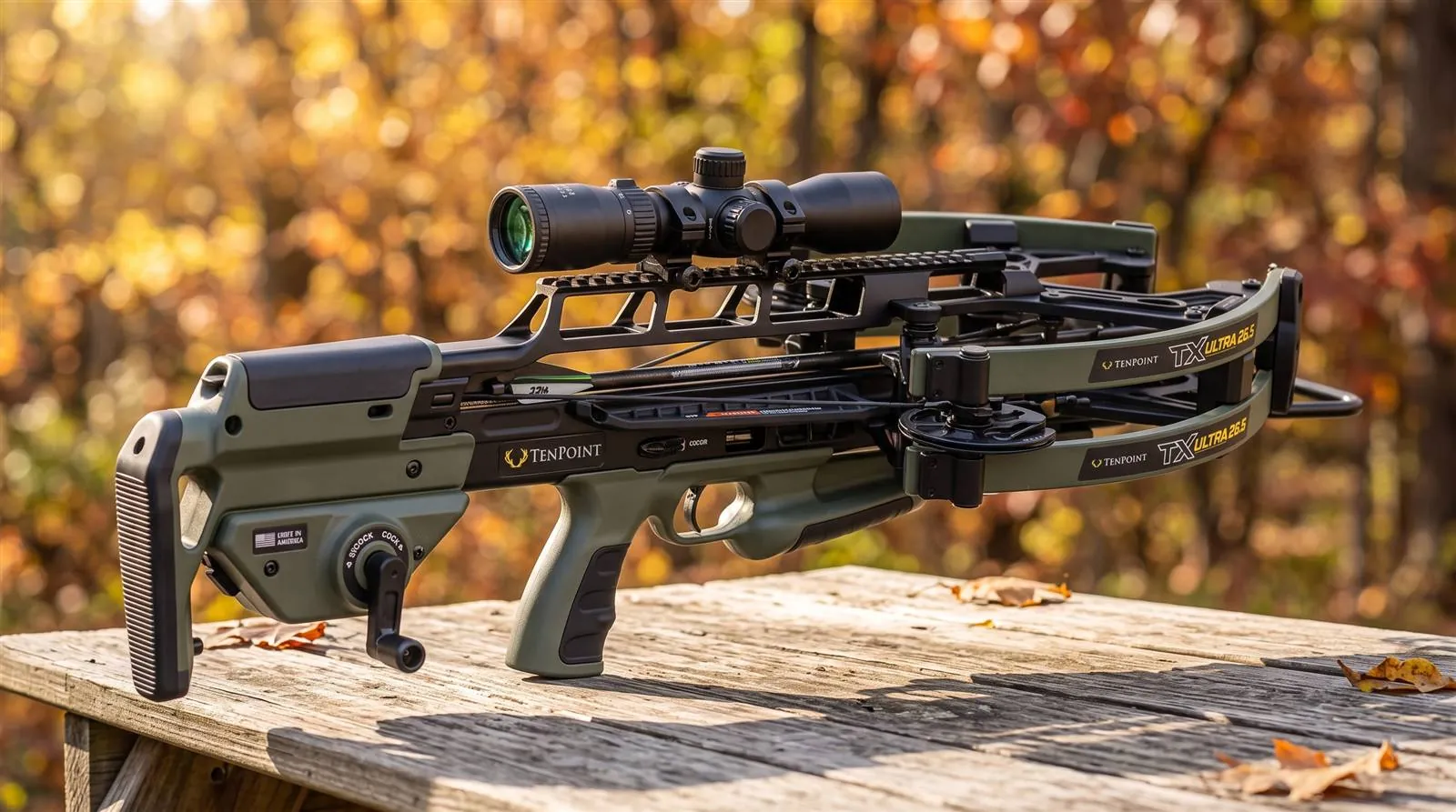 Compact TenPoint TX Ultra 26.5 crossbow with illuminated scope on a sunlit shooting bench