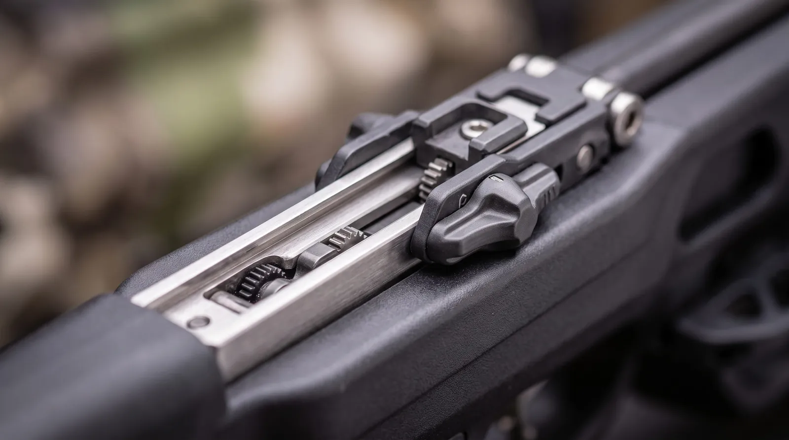 Close view of the ACUslide integrated cocking mechanism along the stock of a crossbow